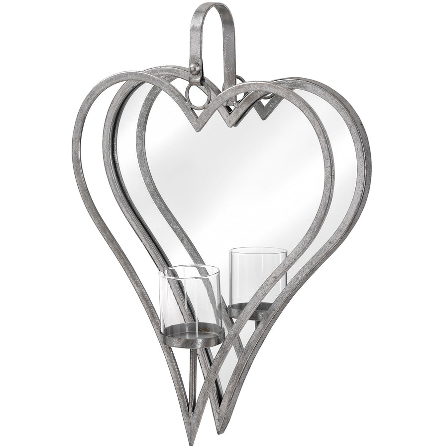 18303 - Coa Living Large Antique Silver Mirrored Heart Candle Holder - Coa Living