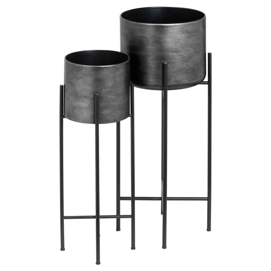 21343 - Coa Living Set Of Two Grey Metallic Planters On Stand - Coa Living