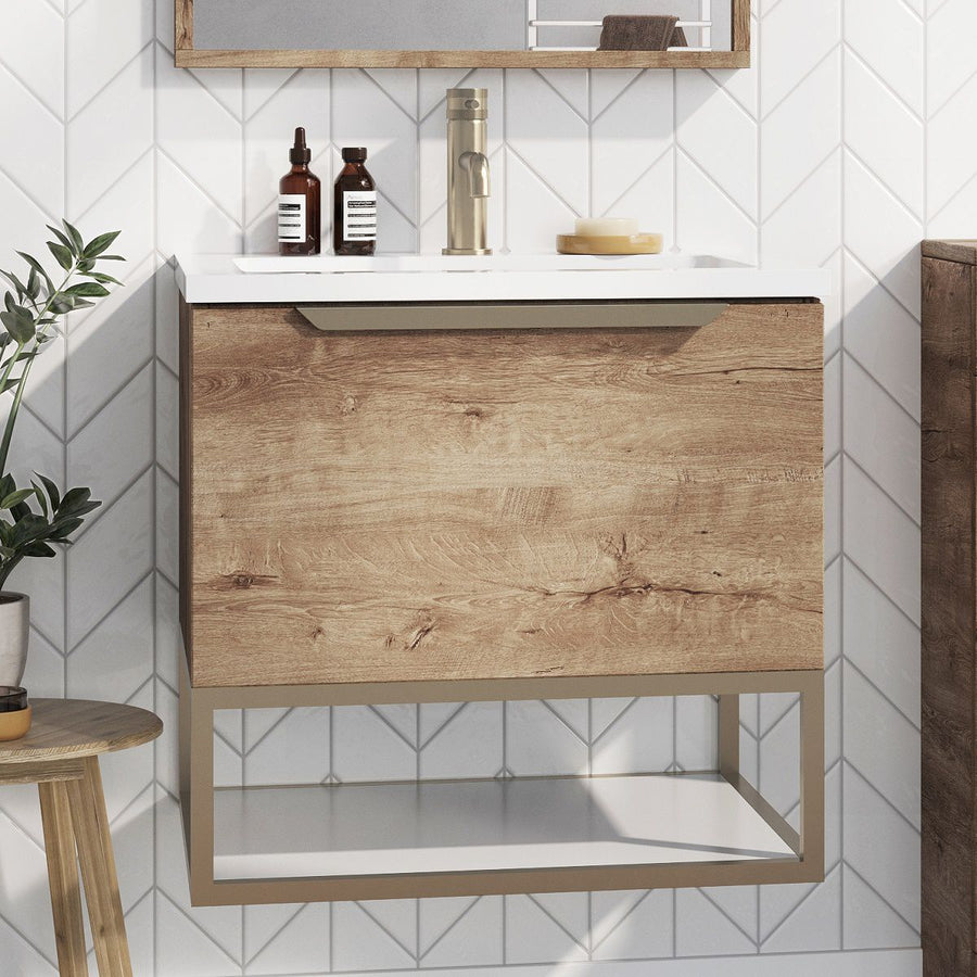 AM00256 - Amara Rosedale Vanity Unit and Basin in Rustic Oak and Brass White - AM00256 White - Coa Living