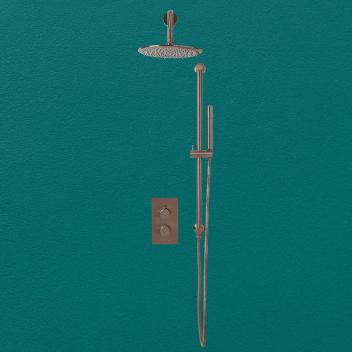 AM00591 - Amara Runswick Round Handle Valve with Shower Head and Handset Riser Kit in Brushed Bronze - Coa Living