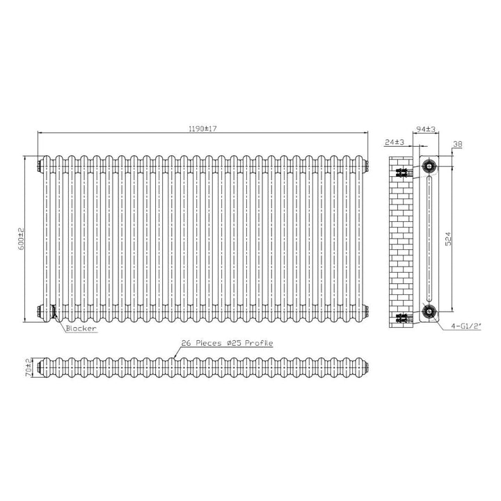 AM00629 - Amara 2 Column Horizontal Radiator in White - Coa Living