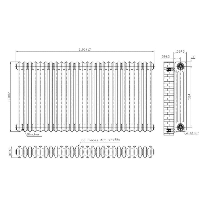 AM00641 - Amara 3 Column Horizontal Radiator in White - Coa Living