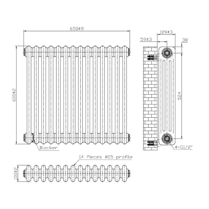 AM00641 - Amara 3 Column Horizontal Radiator in White - Coa Living