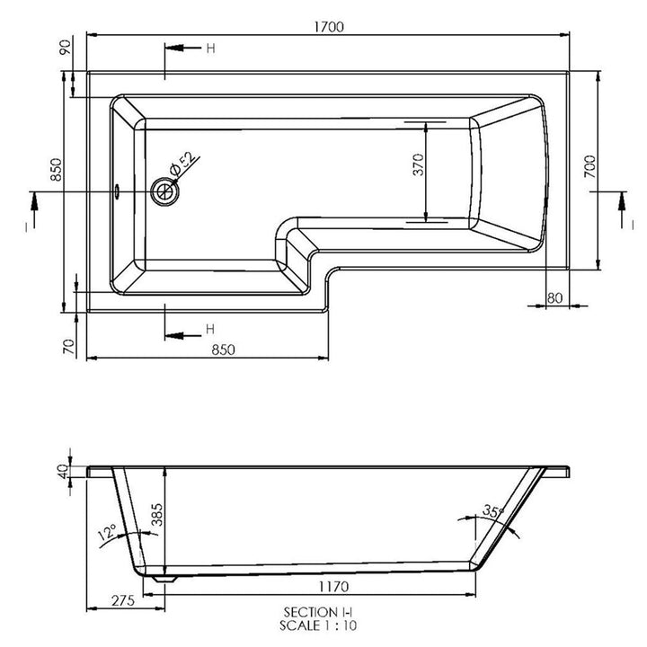 '- Amara L-Shape 1700 x 850mm Left Hand Shower Bath with Optional Bath Screen - Coa Living