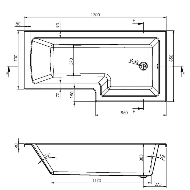 '- Amara L-Shape 1700 x 850mm Right Hand Shower Bath with Optional Bath Screen - Coa Living