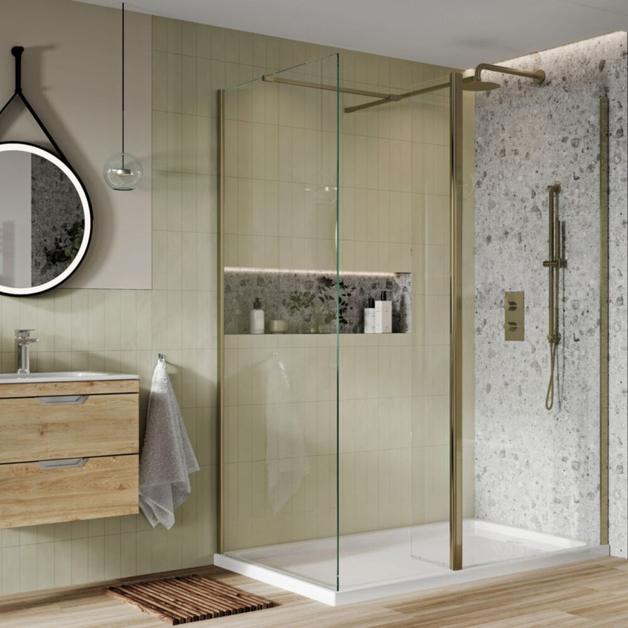 '- Amara Malton Wetroom Screen with Bracing Bar and Deflector Panel in Brushed Brass - Coa Living