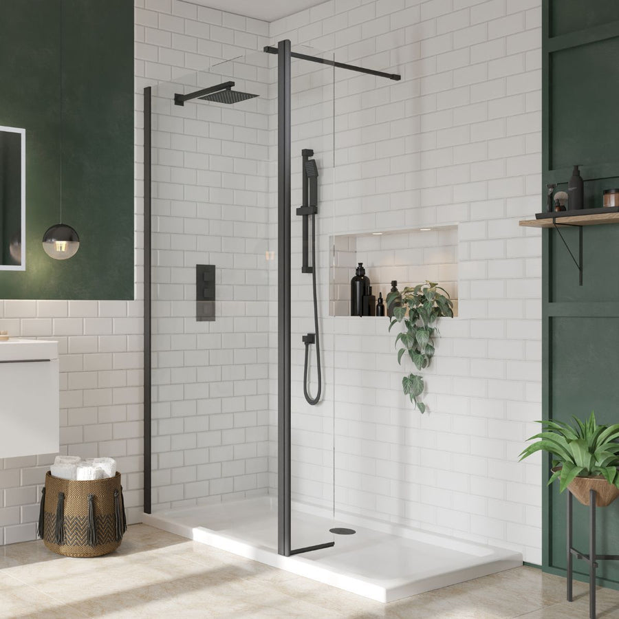 '- Amara Malton Wetroom Screen with Bracing Bar and Deflector Panel in Matt Black - Coa Living