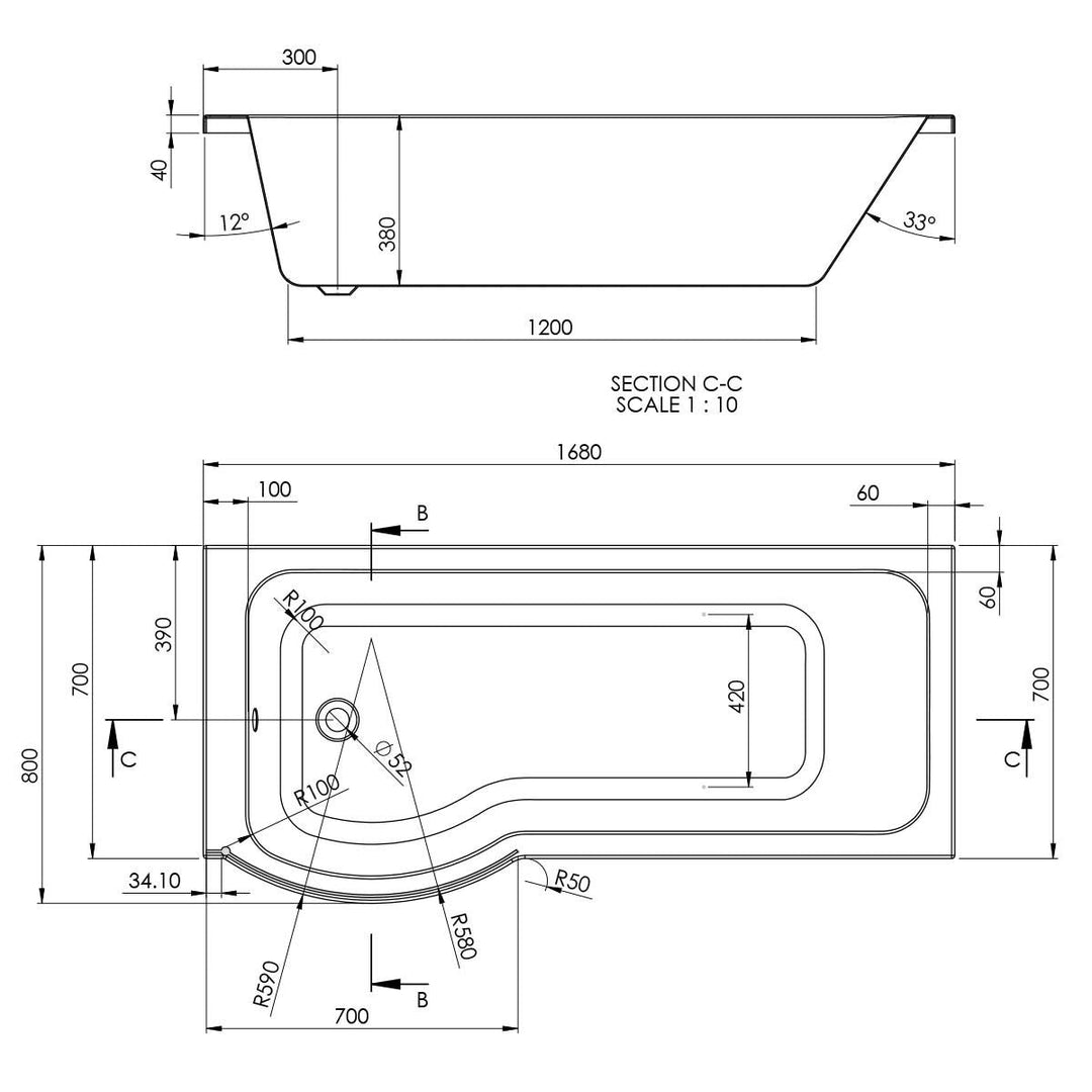 '- Amara P-Shaped 1700 x 800mm Left Hand Shower Bath with Optional Bath Screen - Coa Living