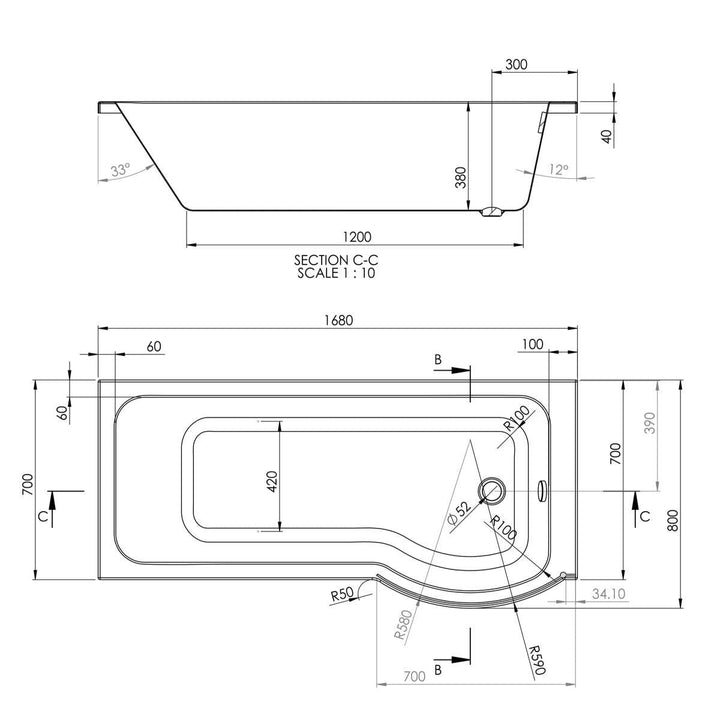 '- Amara P-Shaped 1700 x 800mm Right Hand Shower Bath and Optional Bath Screen - Coa Living