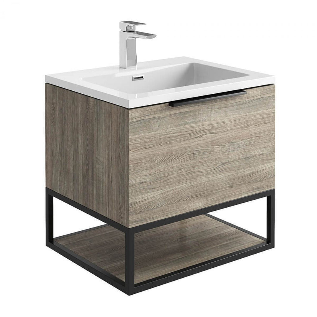 '- Amara Rosedale 600mm Vanity Unit and Basin in Grey Oak and Black - Coa Living