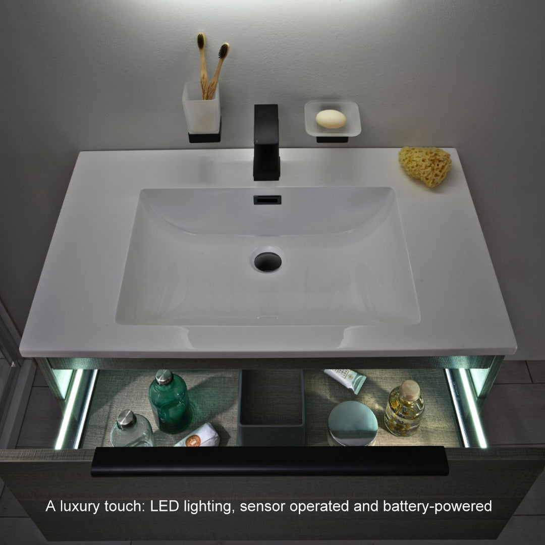 '- Amara Rosedale 600mm Vanity Unit and Basin in Grey Oak and Black - Coa Living