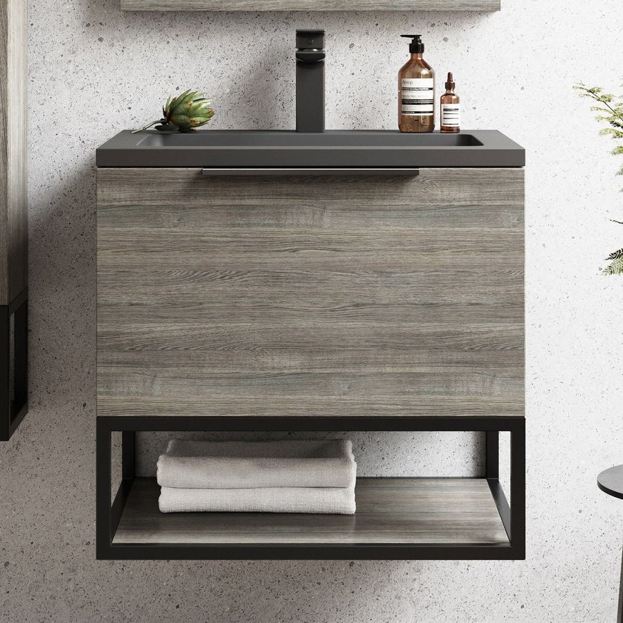 '- Amara Rosedale 600mm Vanity Unit and Basin in Grey Oak and Black - Coa Living