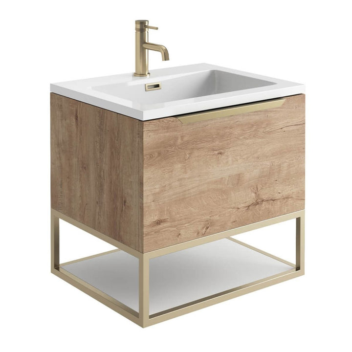 '- Amara Rosedale 600mm Vanity Unit and Basin in Rustic Oak and Brass - Coa Living