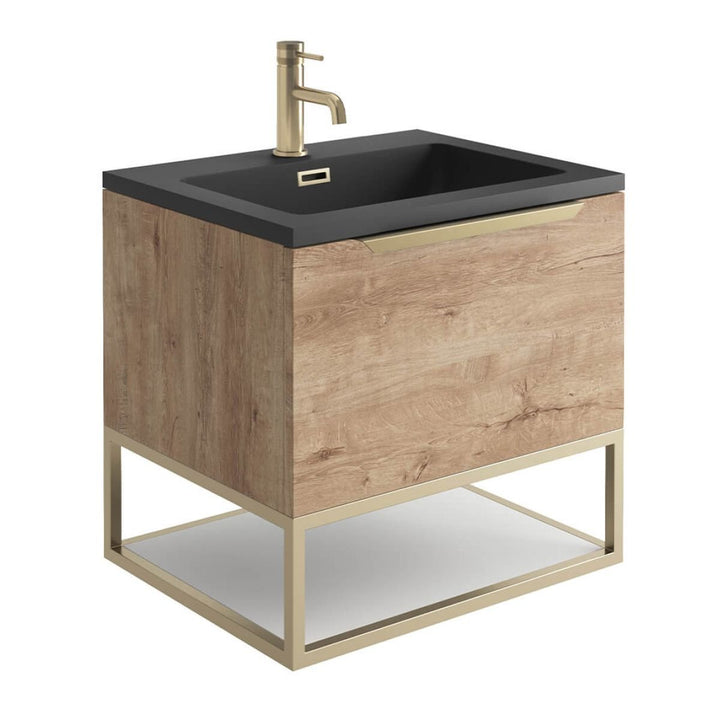 '- Amara Rosedale 600mm Vanity Unit and Basin in Rustic Oak and Brass - Coa Living