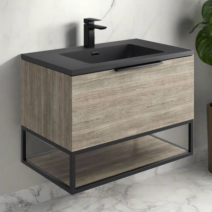 '- Amara Rosedale 800mm Vanity Unit and Basin in Grey Oak and Black - Coa Living