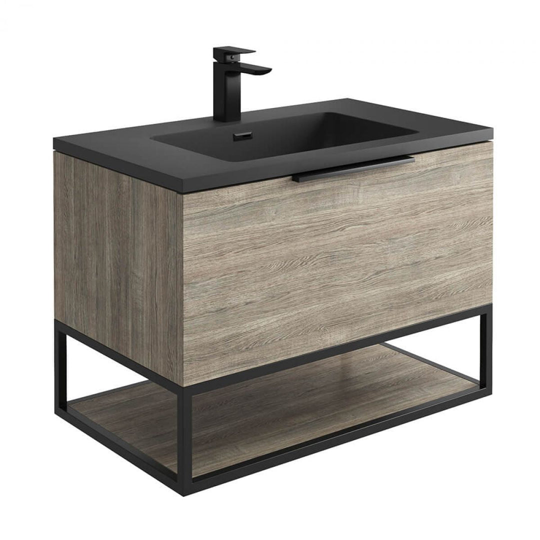 '- Amara Rosedale 800mm Vanity Unit and Basin in Grey Oak and Black - Coa Living