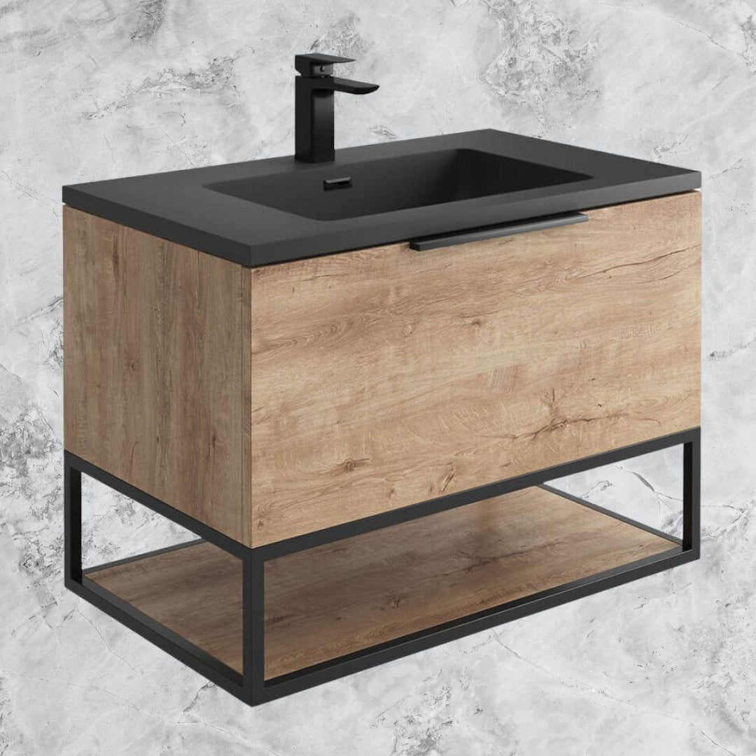 '- Amara Rosedale 800mm Vanity Unit and Basin in Rustic Oak and Black - Coa Living