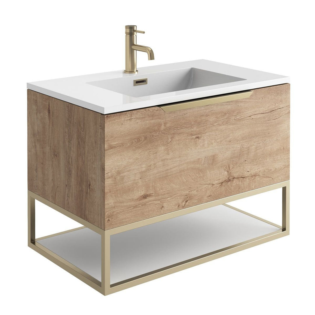 '- Amara Rosedale 800mm Vanity Unit and Basin in Rustic Oak and Brass - Coa Living