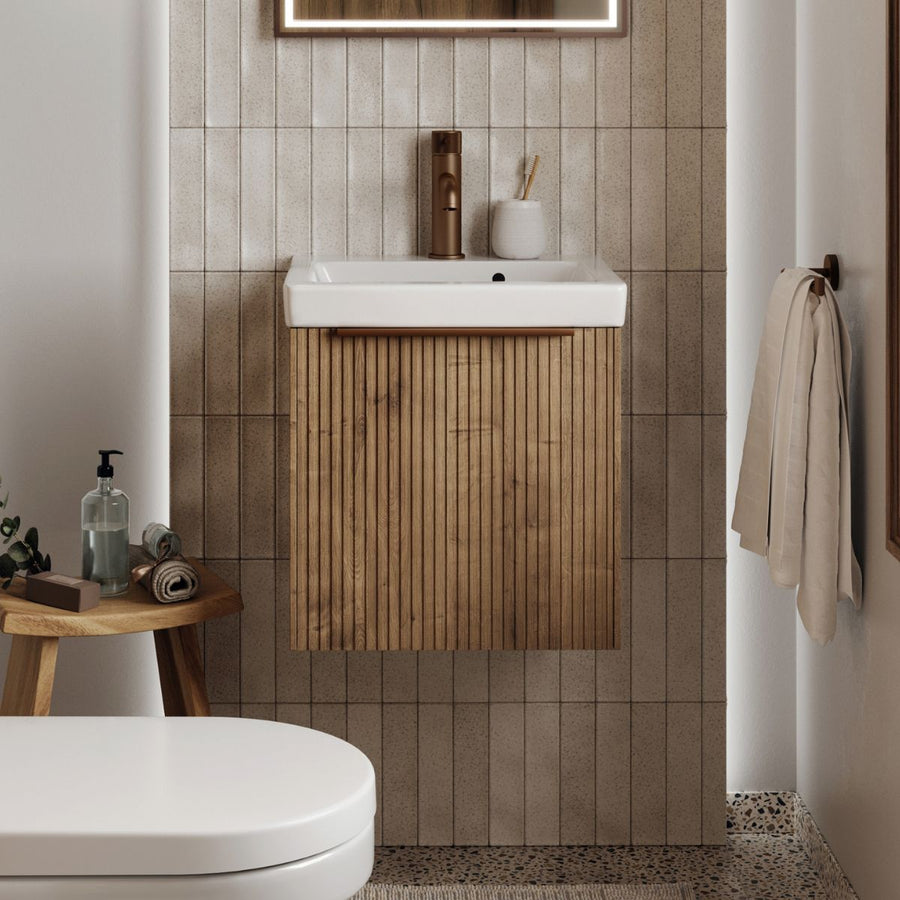 AURA0010 - Aura Skye Fluted 45cm Cloakroom Vanity Unit and Basin in Halifax Oak - Coa Living