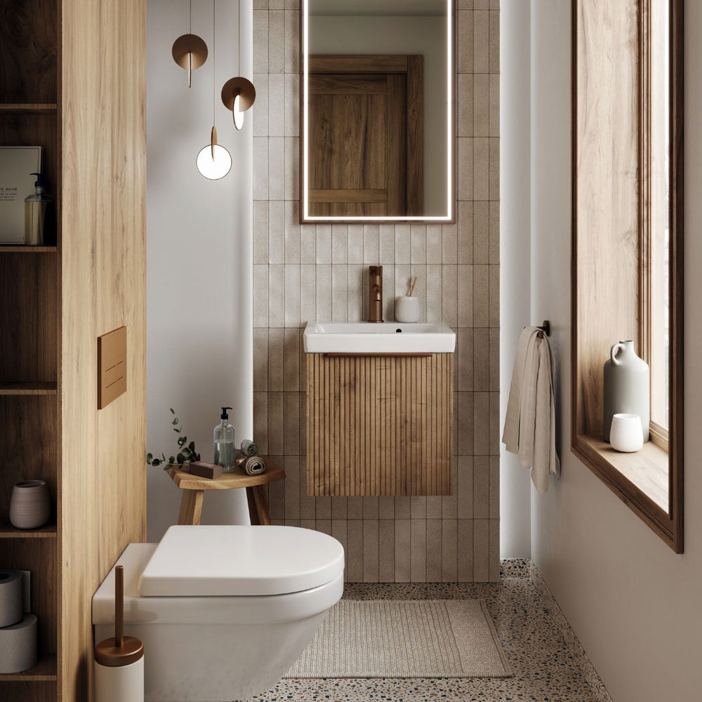 AURA0010 - Aura Skye Fluted 45cm Cloakroom Vanity Unit and Basin in Halifax Oak - Coa Living