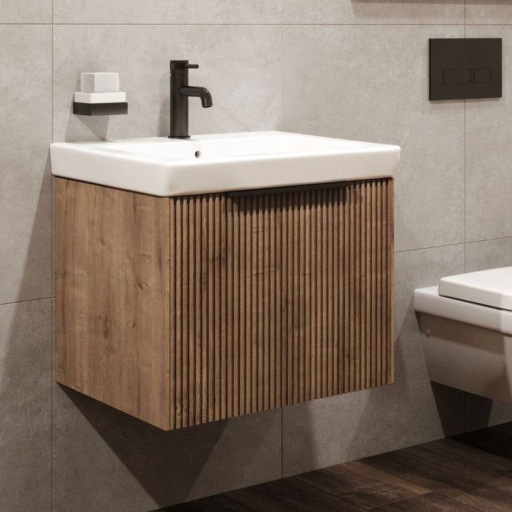 AURA0012 - Aura Skye Fluted 60cm Vanity Unit and Basin in Halifax Oak - Coa Living