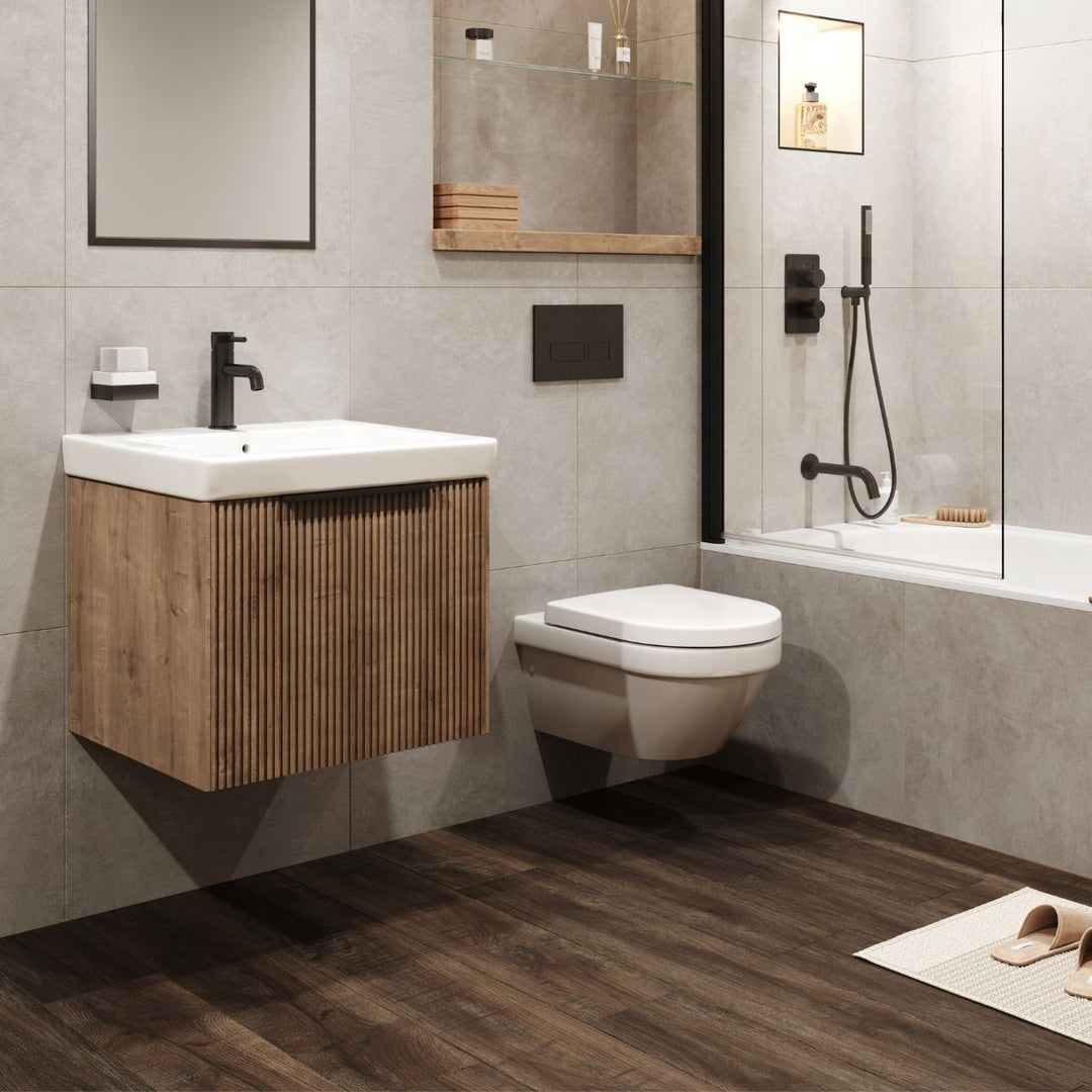 AURA0012 - Aura Skye Fluted 60cm Vanity Unit and Basin in Halifax Oak - Coa Living