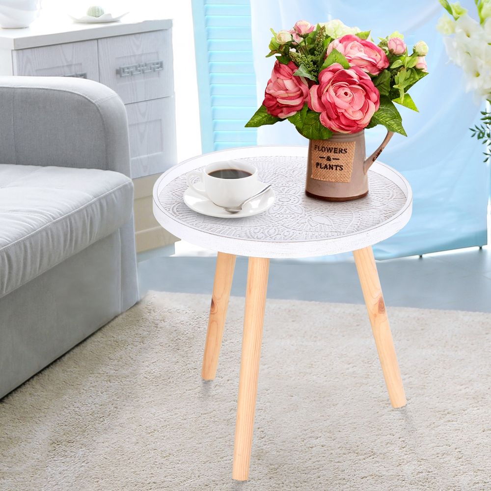 S0671071609 - Compact Pine Wood Floral Etched Side Table with White Saucer Top - Coa Living