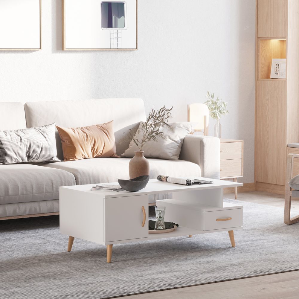 S0671071628 - Coffee Table with Storage, Sofa Side Table with Shelf & Drawer White - Coa Living