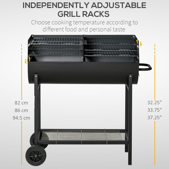 S0671072002 - Outsunny Steel 2 - Grill Charcoal BBQ with Wheels | Adjustable Height & Storage Shelf | Black - Coa Living