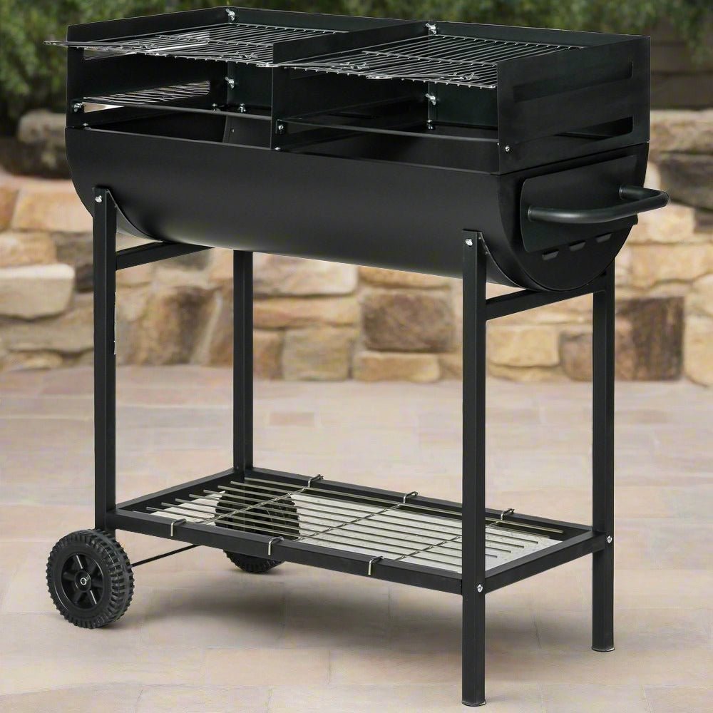 S0671072002 - Outsunny Steel 2 - Grill Charcoal BBQ with Wheels | Adjustable Height & Storage Shelf | Black - Coa Living