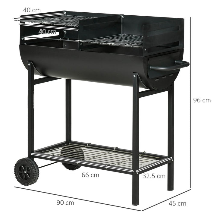 S0671072002 - Outsunny Steel 2 - Grill Charcoal BBQ with Wheels | Adjustable Height & Storage Shelf | Black - Coa Living