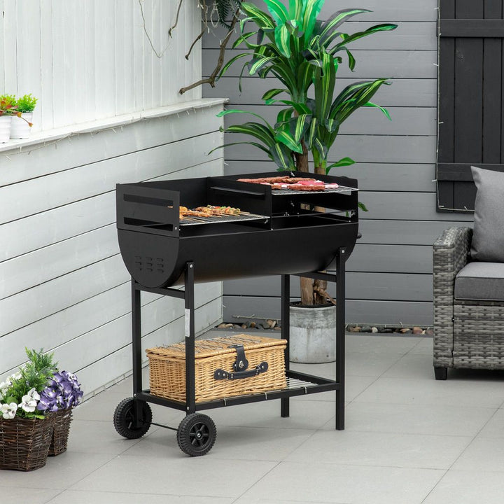 S0671072002 - Outsunny Steel 2 - Grill Charcoal BBQ with Wheels | Adjustable Height & Storage Shelf | Black - Coa Living