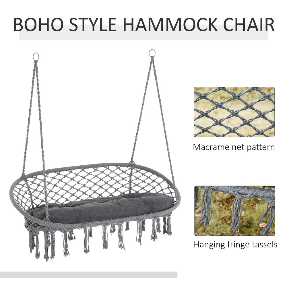 S0671072055 - Hanging Hammock Chair Cotton Rope Swing & Metal Frame Large Macrame, Dark Grey - Coa Living