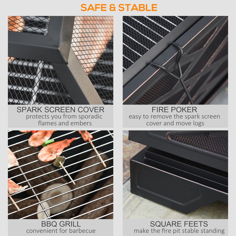 S0671072070 - 66cm Square Fire Pit Metal Brazier BBQ Screen Cover Poker, Black - Coa Living