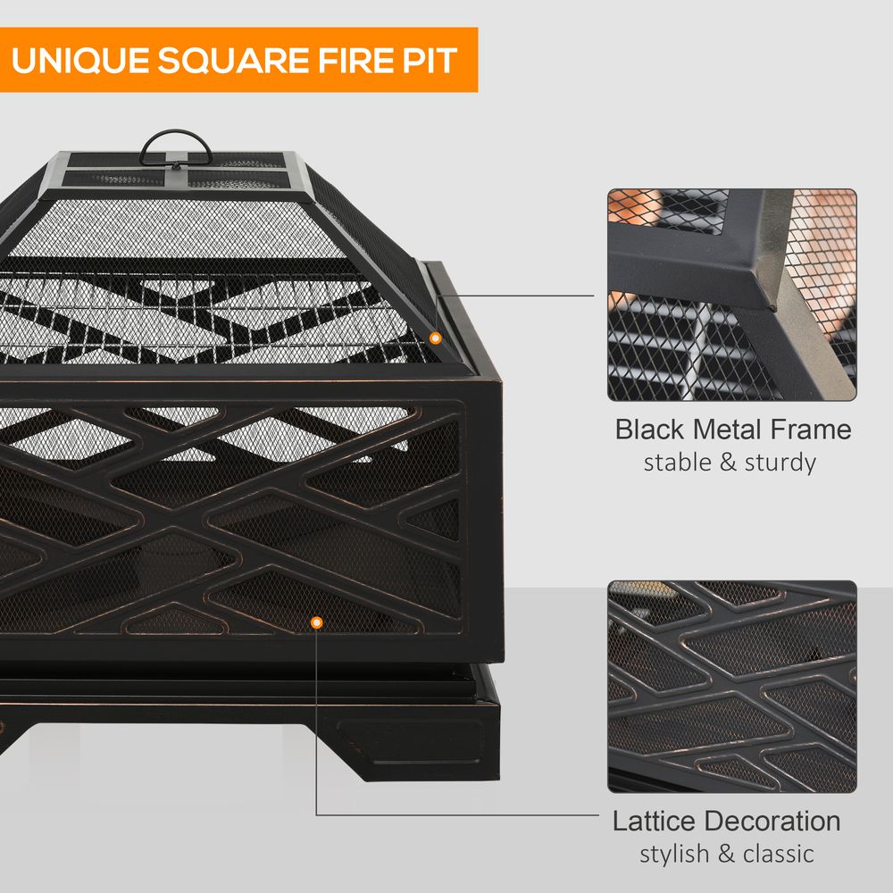 S0671072070 - 66cm Square Fire Pit Metal Brazier BBQ Screen Cover Poker, Black - Coa Living