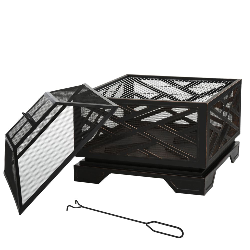 S0671072070 - 66cm Square Fire Pit Metal Brazier BBQ Screen Cover Poker, Black - Coa Living