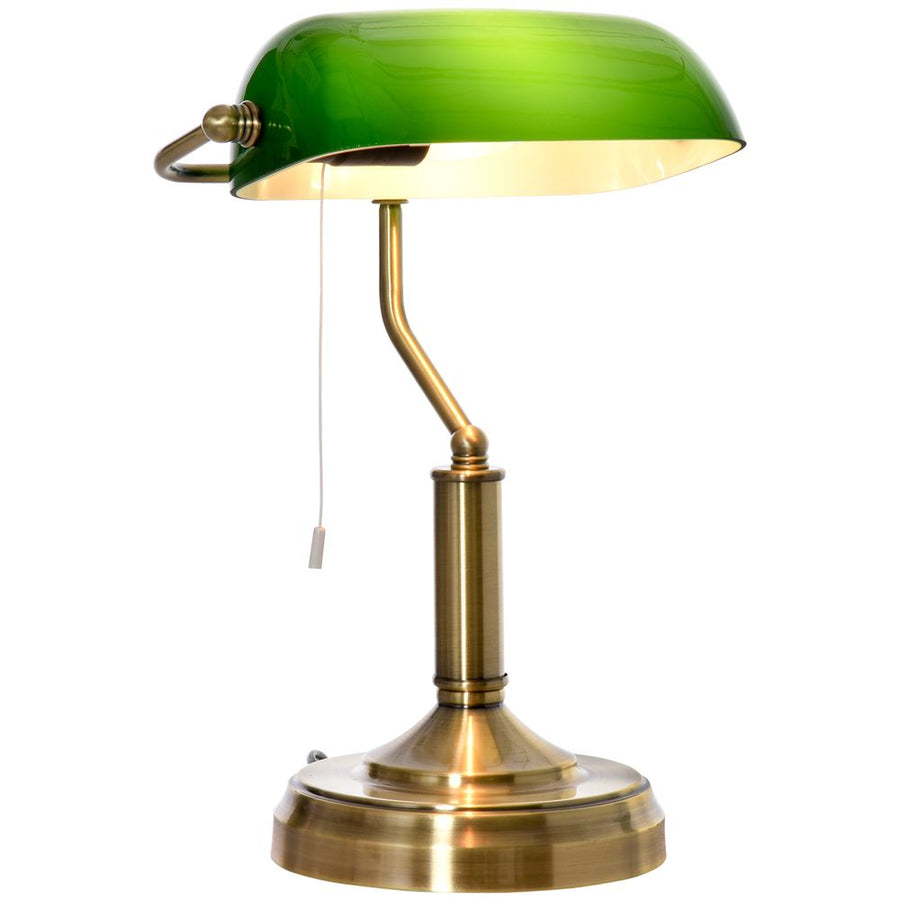 S0671072580 - Banker's Table Lamp Desk Lamp w/Antique Bronze Base, Glass Shade and Pull Rope - Coa Living