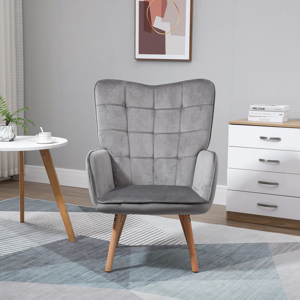 S0671080108 - HOMCOM Modern Accent Chair Velvet - Touch Tufted Wingback Armchair Grey - Coa Living