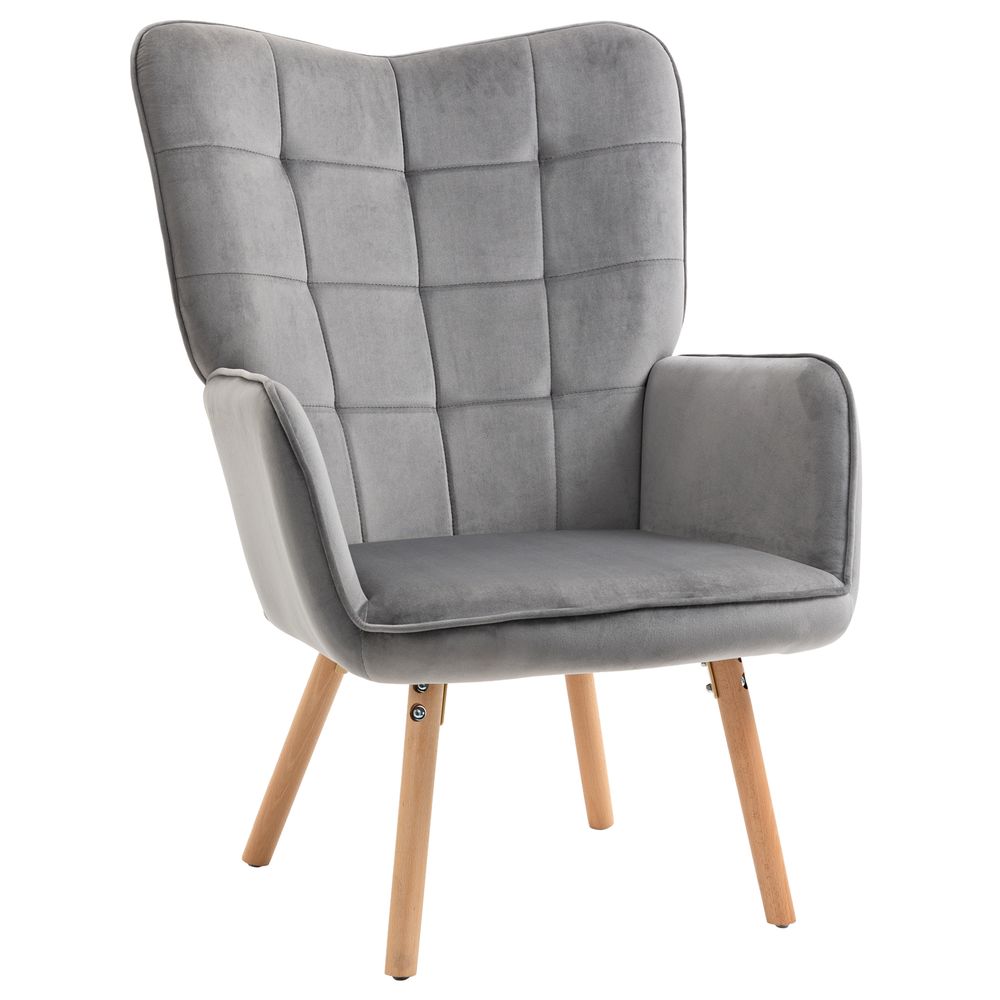 S0671080108 - HOMCOM Modern Accent Chair Velvet - Touch Tufted Wingback Armchair Grey - Coa Living