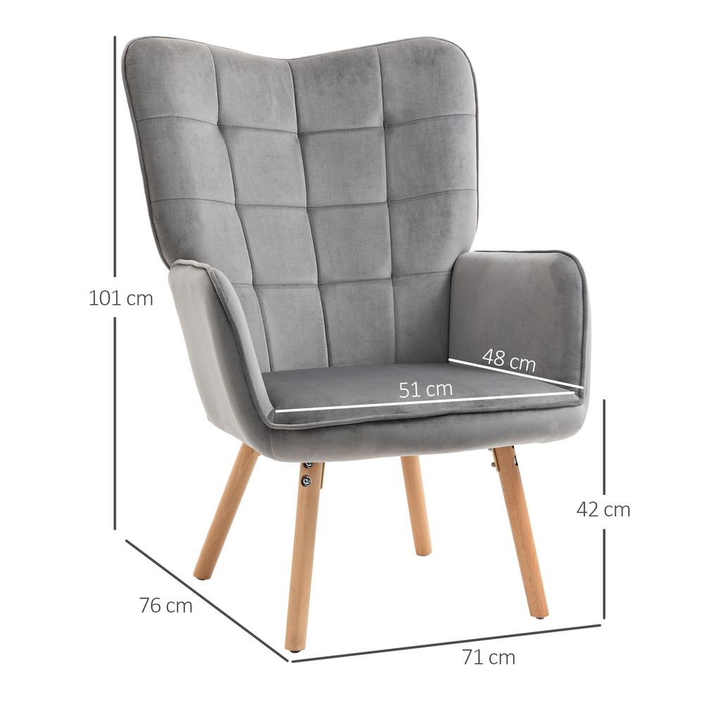 S0671080108 - HOMCOM Modern Accent Chair Velvet - Touch Tufted Wingback Armchair Grey - Coa Living