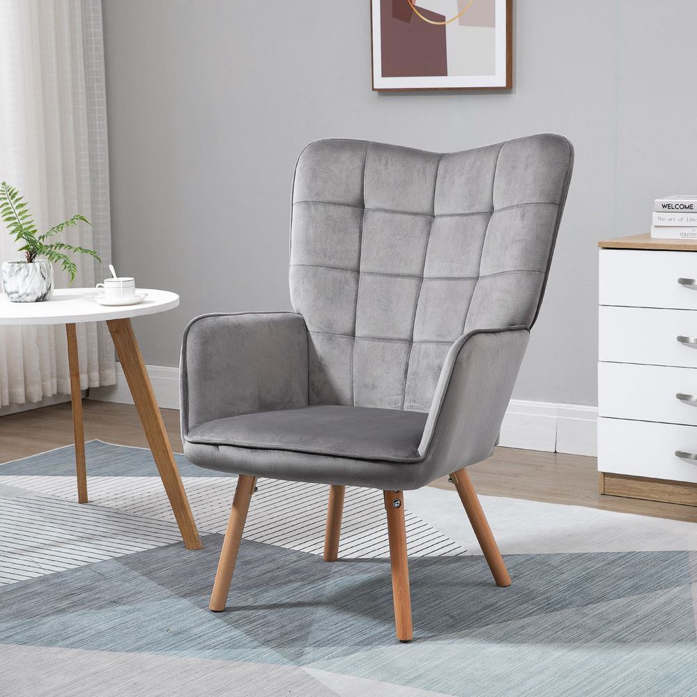 S0671080108 - HOMCOM Modern Accent Chair Velvet - Touch Tufted Wingback Armchair Grey - Coa Living