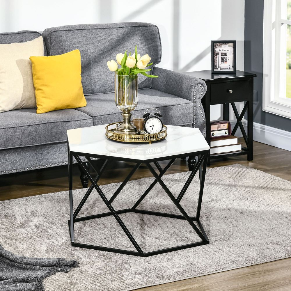 S0671080140 - Coffee Table Cocktail Table High Gloss Marble Top Steel Frame White HOMCOM - Coa Living