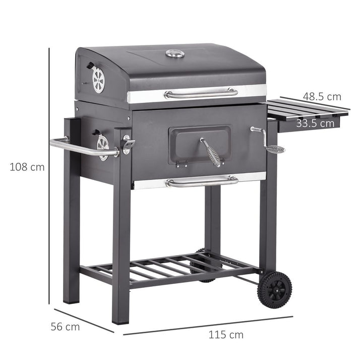 S0671080232 - Charcoal Grill BBQ Trolley with Wheels | Adjustable Height, Side Shelf, Thermometer | Steel Black - Coa Living