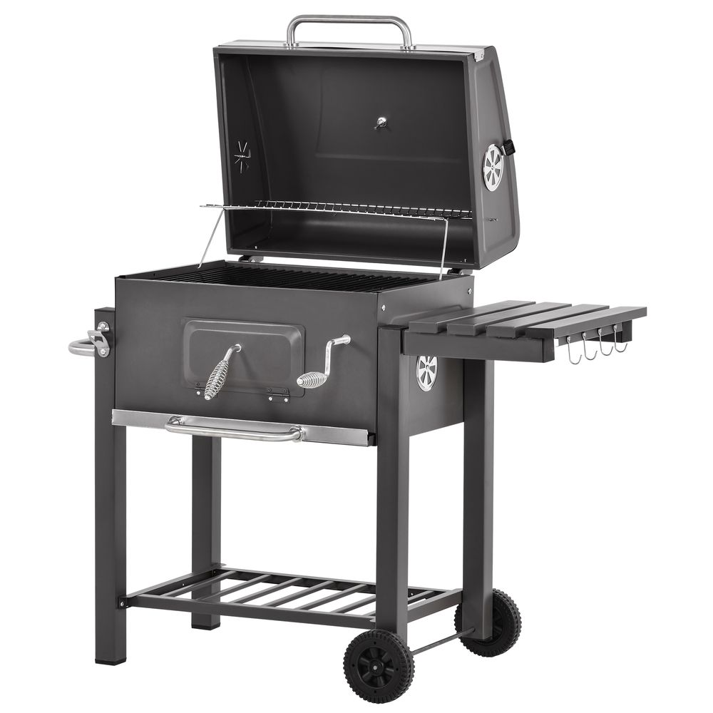 S0671080232 - Charcoal Grill BBQ Trolley with Wheels | Adjustable Height, Side Shelf, Thermometer | Steel Black - Coa Living