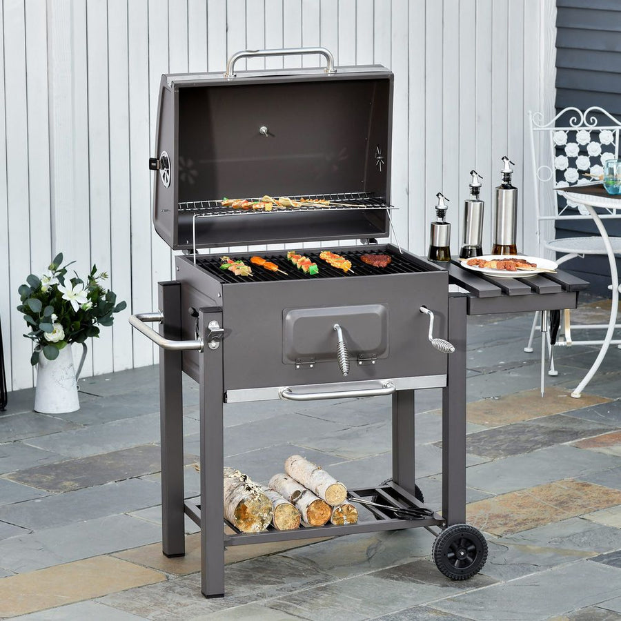 S0671080232 - Charcoal Grill BBQ Trolley with Wheels | Adjustable Height, Side Shelf, Thermometer | Steel Black - Coa Living