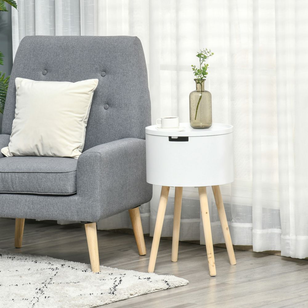 S0671081381 - HOMCOM Round Side Table Nightstand Hidden Storage Space Removable Lid, White - Coa Living