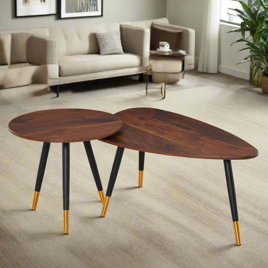 S0671097062 - Nesting Coffee Tables Set of 2, Vintage Walnut Wood-Effect and Gold Steel Legs for Living Room, Office, and Bedroom - Coa Living