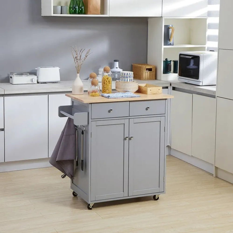 S0671097227 - Rolling Kitchen Cart with Rubber Wood Top, Towel Rack, Hooks and Drawers Grey - Coa Living