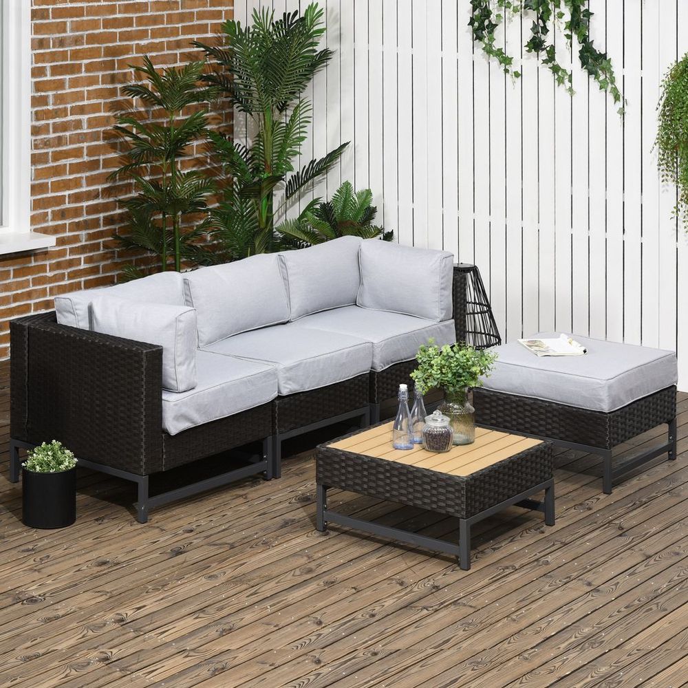 S0671114956 - 5 PCS Rattan Corner Sofa, Rattan Garden Furniture Wood Grain Plastic Top Table - Coa Living