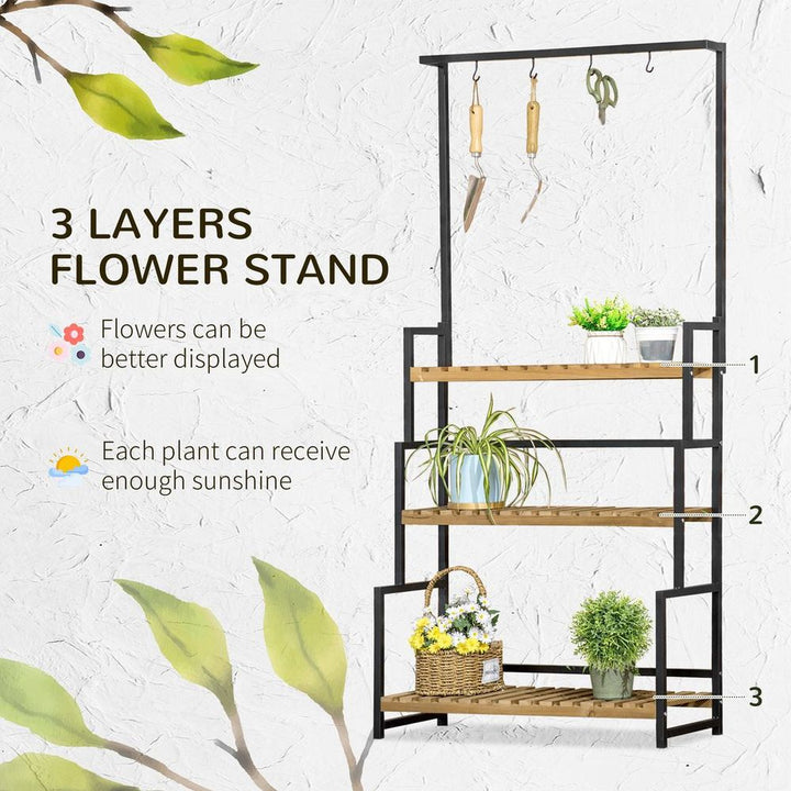 S0671114959 - 3 Tiered Plant Stand Rack with Hanging Hooks for Indoor Outdoor Decoration - Coa Living